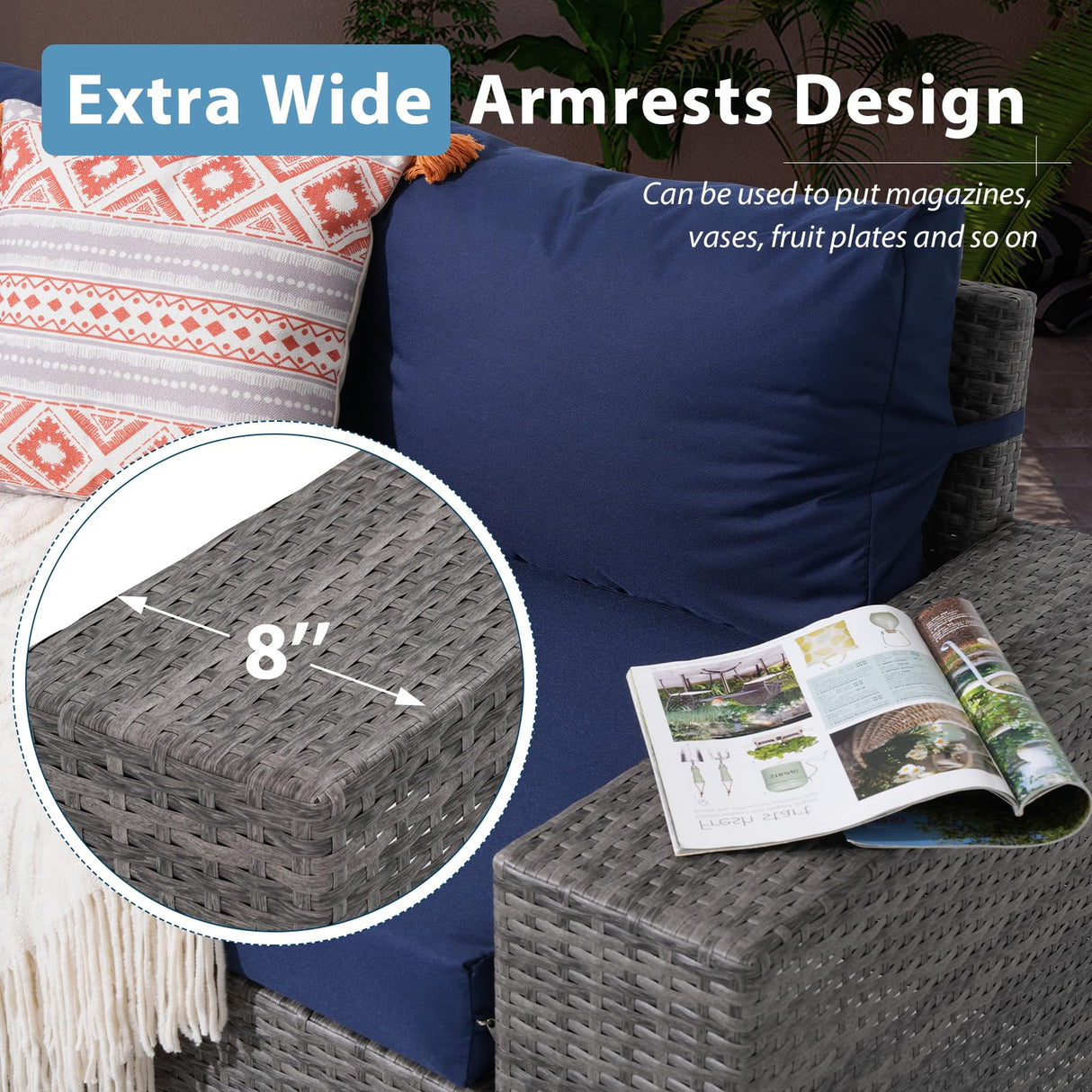 JOIVI 7 Pieces Outdoor Patio Furniture Set with 45” 50000BTU Fire Pit Table, Rattan Patio Conversation Set with Coffee Table, L-Shaped Sectional Sofa and Propane Fire Pit Set, Navy Blue JOIVI