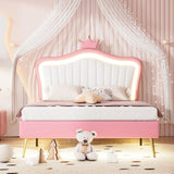 Linique Full Size Upholstered Bed Frame with LED Lights, Modern Upholstered Princess Bed with Crown Headboard, White+Pink Linique