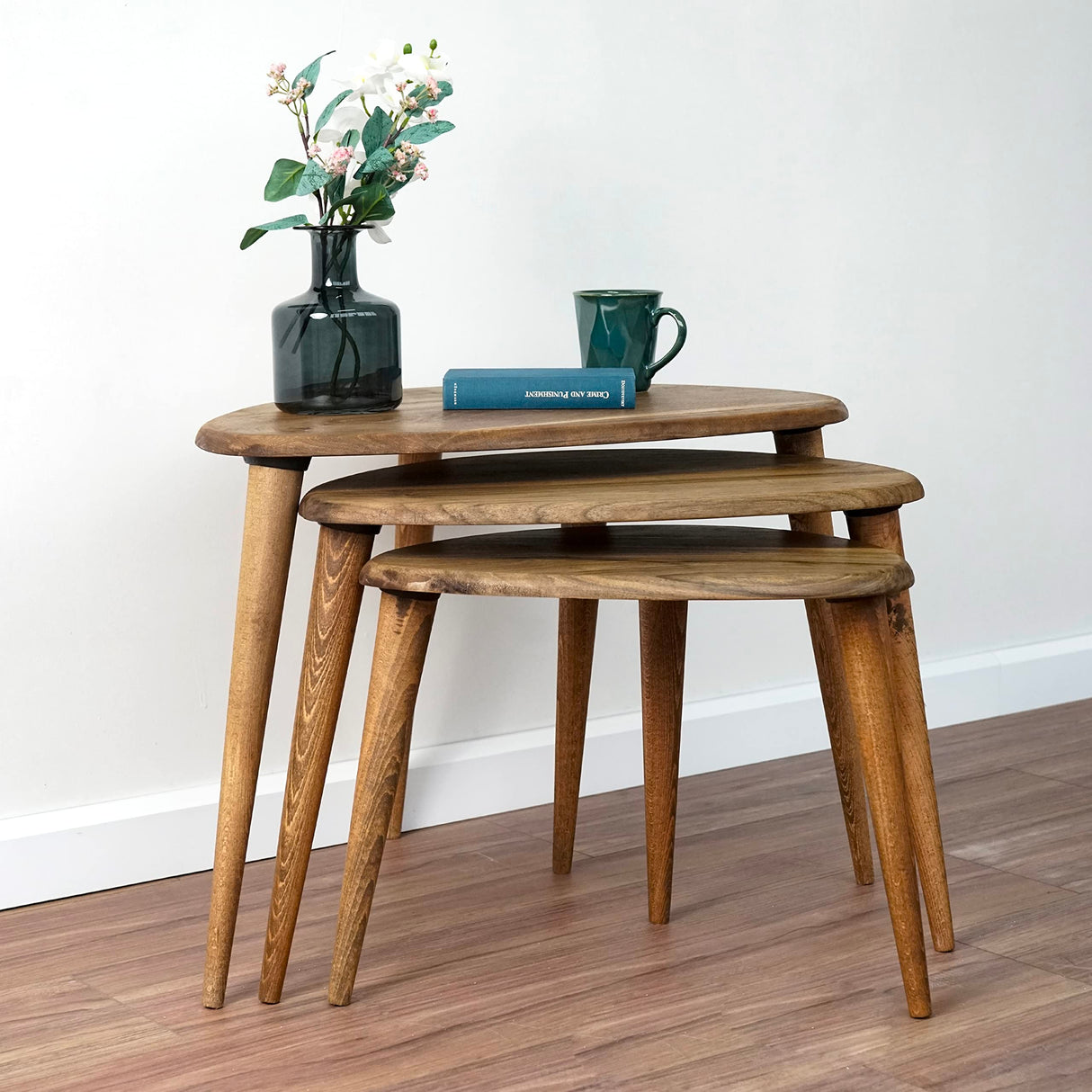 Ultimate Premium Products Solid Nesting Table Set of 3- Walnut Mid Century Pebble Tables with Tapered Legs – Wooden Home Furniture in a Retro Style - Walnut Ultimate Premium Products