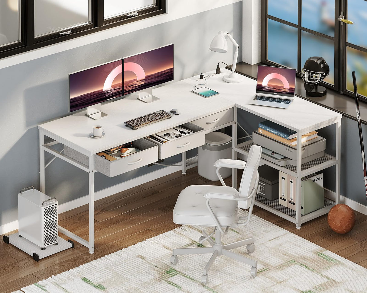 AODK 61 Inch L Shaped Computer Desk with Drawers, Corner Desk with Power Outlets & Reversible Storage Shelves, Movable CPU Stand for Home Office Gaming, White AODK