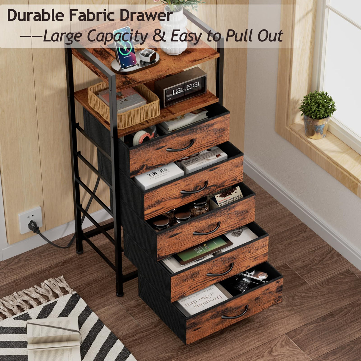 Furnulem 5 Drawer Dresser for Bedroom, Tall Nightstand with Led Light and Charging Station, Small Night Stand Bedside Table, Fabric Bins, Metal Frame, Wood Shelf, Side Furniture(Rustic Brown) Furnulem