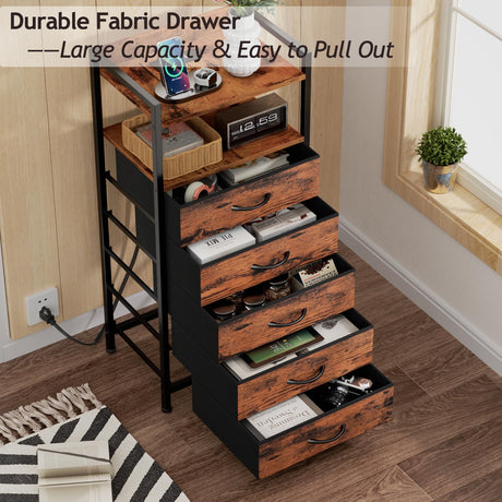Furnulem 5 Drawer Dresser for Bedroom, Tall Nightstand with Led Light and Charging Station, Small Night Stand Bedside Table, Fabric Bins, Metal Frame, Wood Shelf, Side Furniture(Rustic Brown) Furnulem