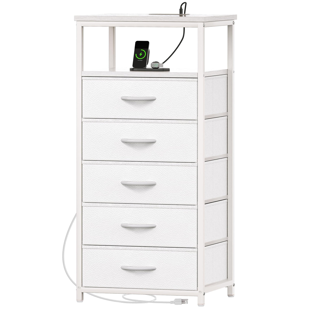 Huuger White Dresser with 5 Drawers & Charging Station, Tall Dresser for Bedroom, Tall Night Stand with PU Leather Finish, Open Shelf, Nightstand for Bedroom, Closet, Hallway, Entryway Huuger