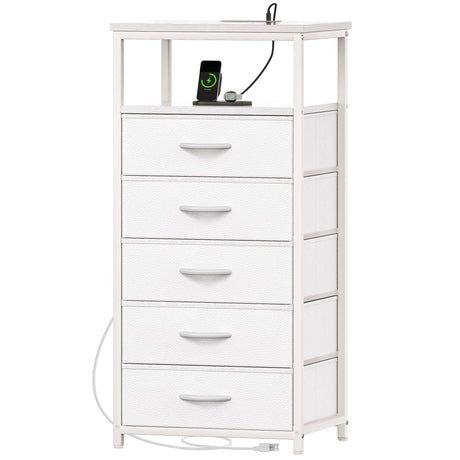 Huuger White Dresser with 5 Drawers & Charging Station, Tall Dresser for Bedroom, Tall Night Stand with PU Leather Finish, Open Shelf, Nightstand for Bedroom, Closet, Hallway, Entryway Huuger
