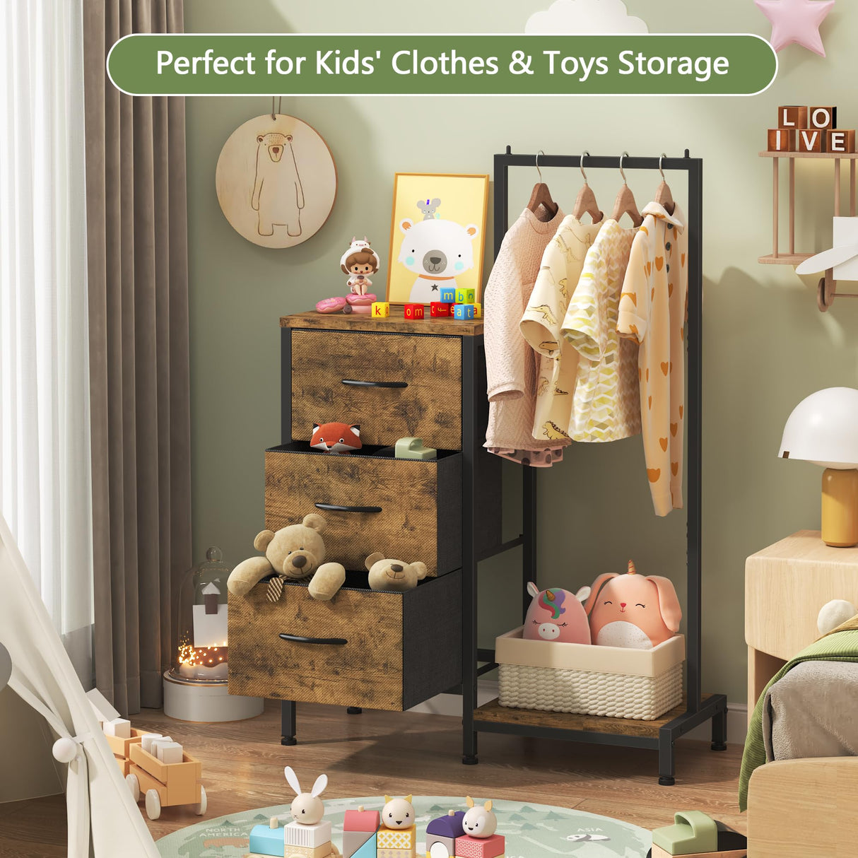 AFLUI Dresser for Bedroom with Hanging Rack, 3 Drawers Dresser for Bedroom - Rustic Brown AFLUI