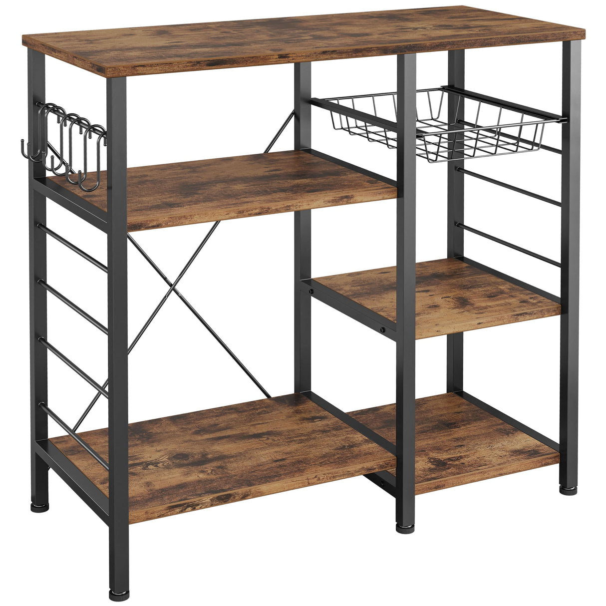 IRONCK Industrial Kitchen Baker’s Rack, Kitchen Island Utility Storage Shelf, Coffee Bar Microwave Stand with 6 Hooks, Metal Frame, Simple Assembly, Vintage Brown IRONCK