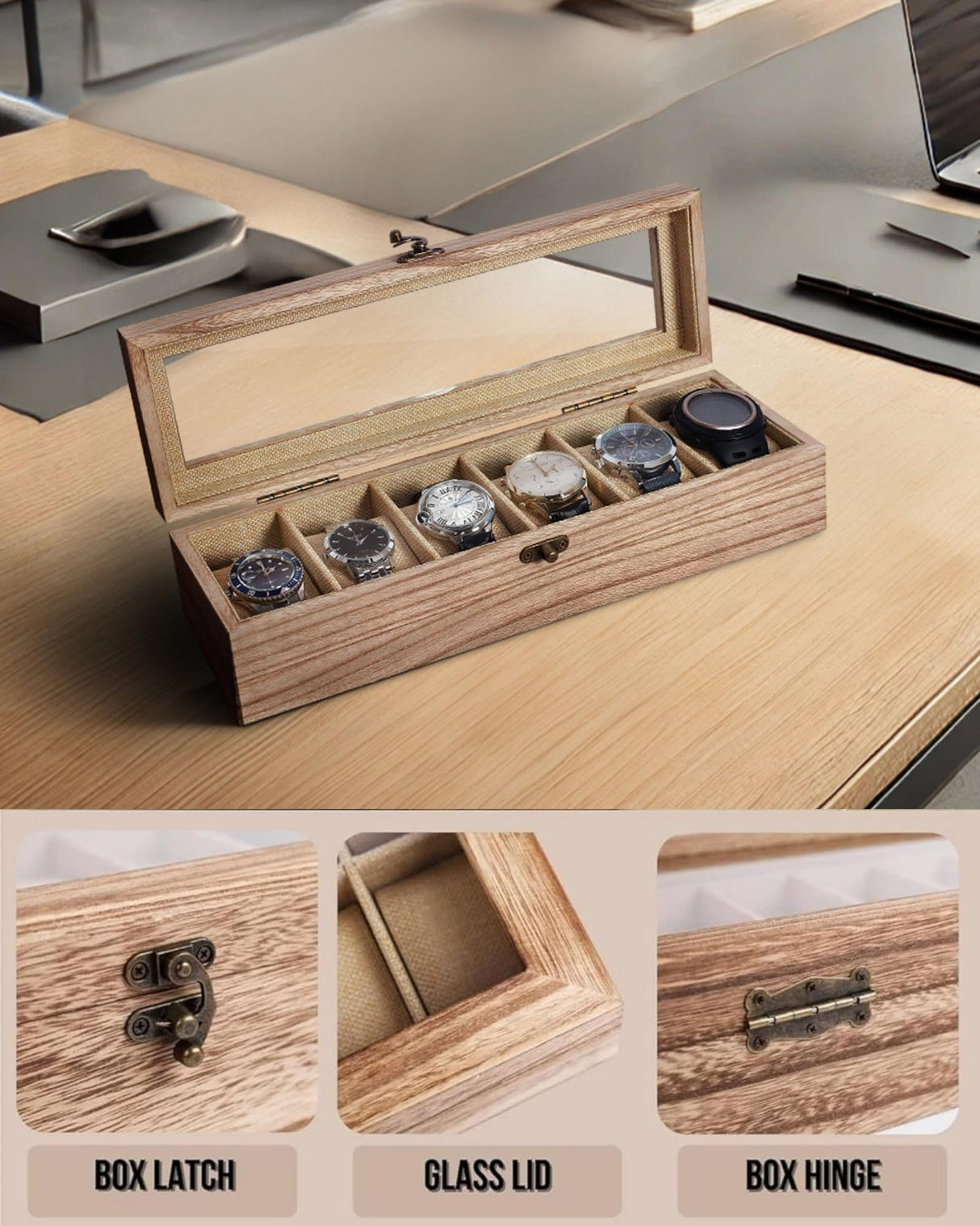 Exper City Watch Box, Watch Case for Men Women with Large Glass Lid, Wooden Watch Display Storage Box with 6 - Slots, Weathered Wood Mens Watch Box Organizer Exper City