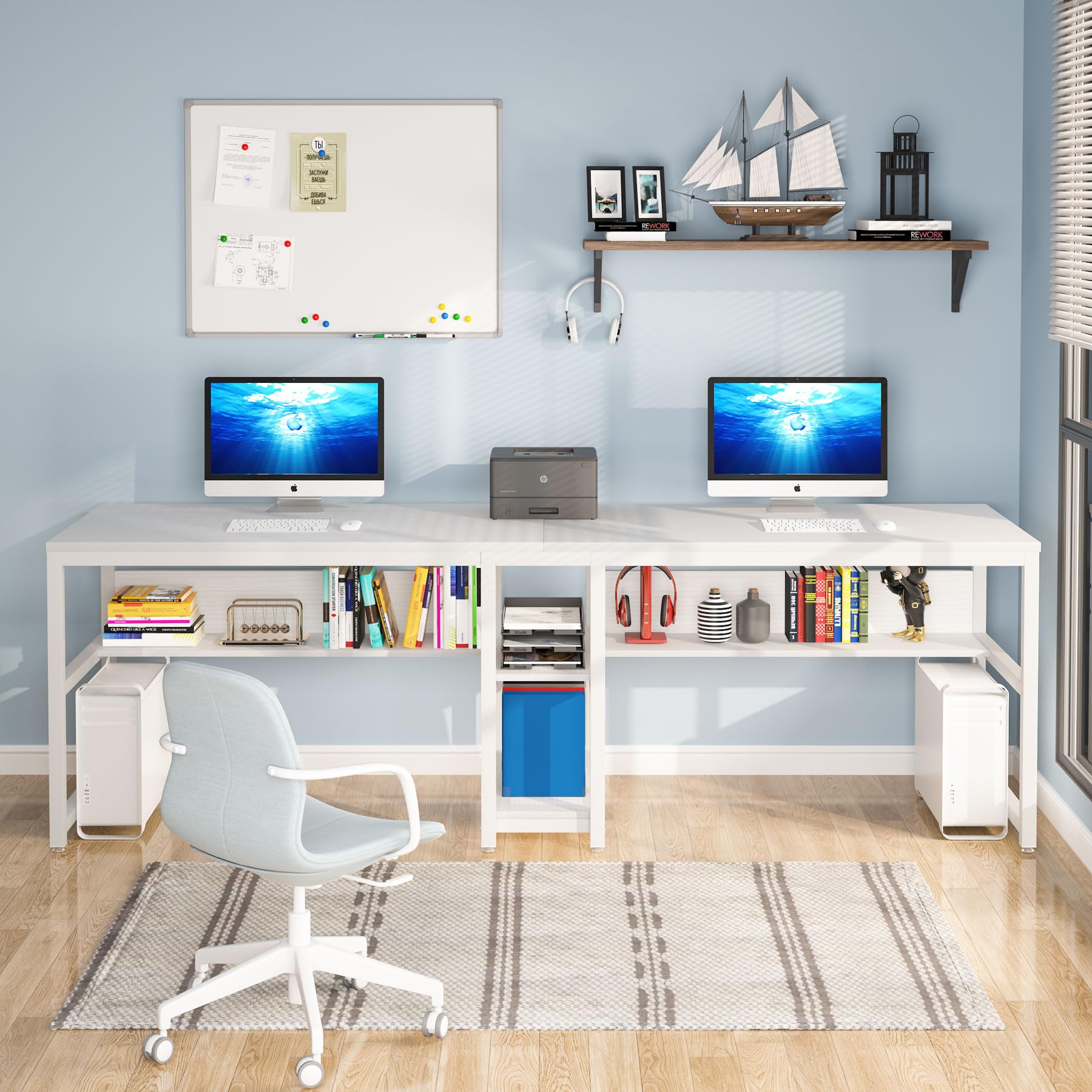 Tribesigns 78-Inch Rustic Double Desk with Bookshelf for Two-Person Workstation in White - WoodArtSupply