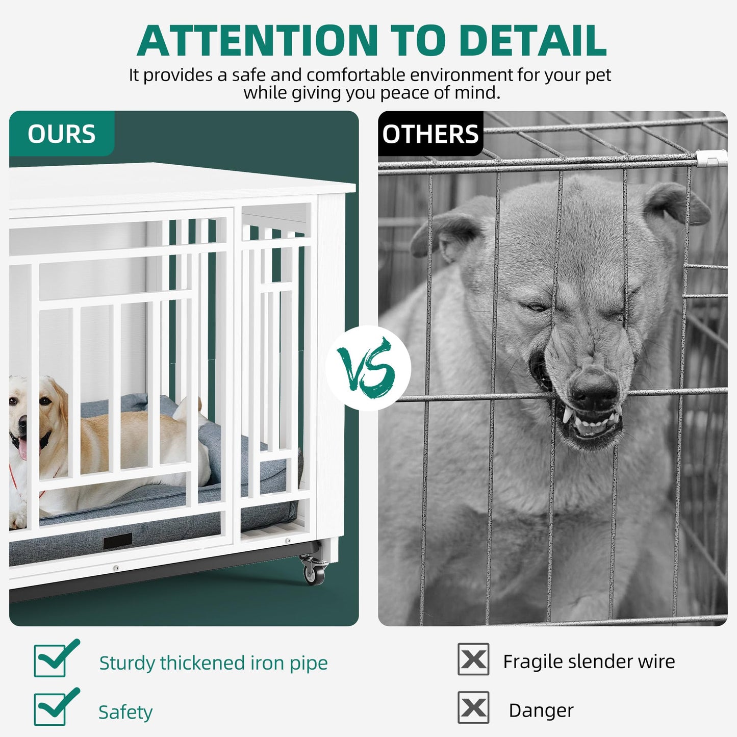 YITAHOME Dog Crate Furniture, 38.2" Heavy Duty Dog Cage, Wooden Side End Table with Wheels, Chew-Resistant Metal Dog Kennel with Removable Tray, Dog House Indoor for Small Medium Dogs, White - WoodArtSupply