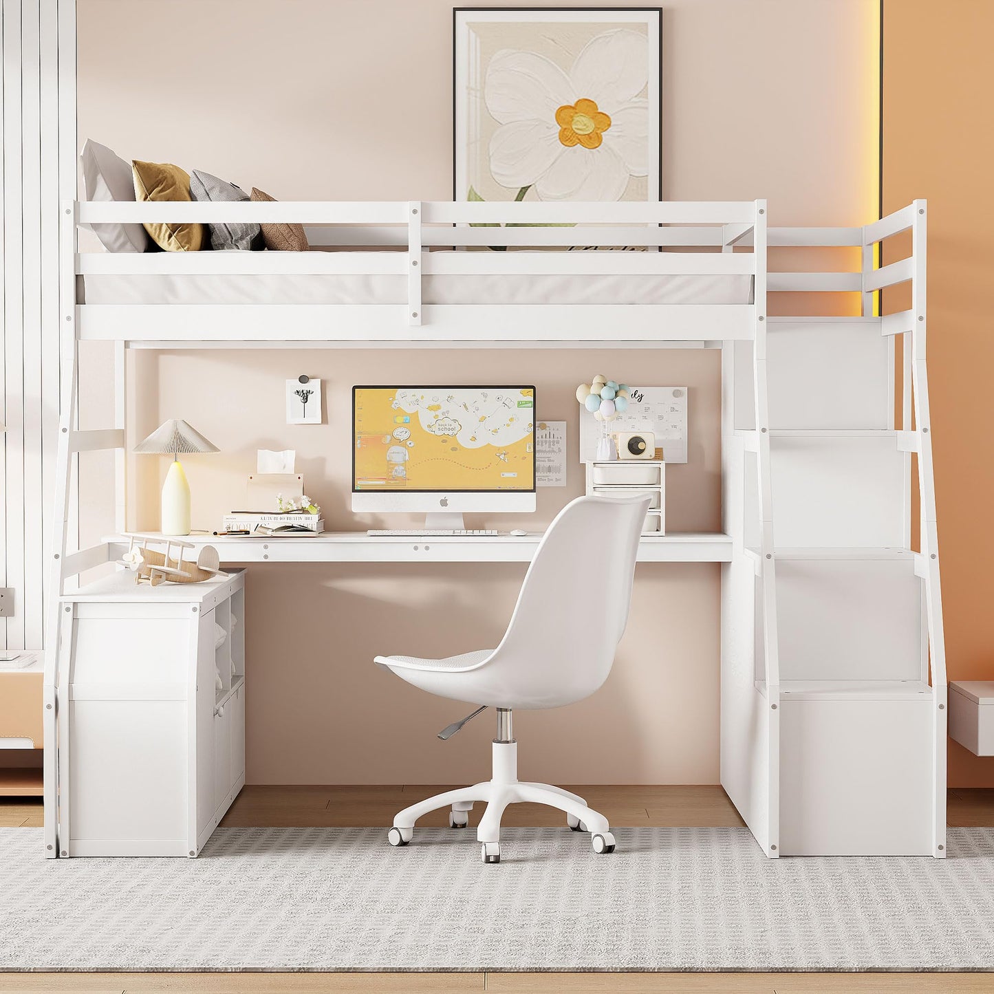 MERITLINE Full Size Loft Bed with Desk and Storage Stairs, Wood Loft Bed Full with 7 Drawers & 2 Shelve,High Loft Bed with Desk Underneath for Kids Teens Boys Girls,White