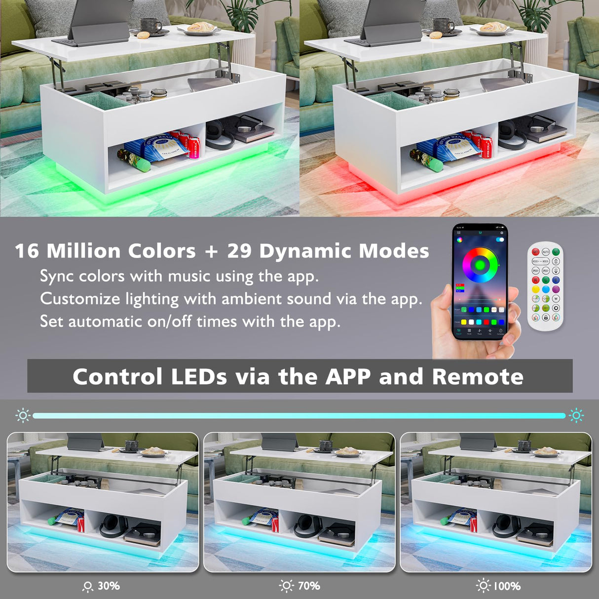 HOMMPA Lift Top Coffee Table with Hidden Storage LED Coffee Table Morden High Gloss White Living Room 3 Tiers Modern Tea Table with Storage Center Tables Hidden Compartment & 2 Open Shelves HOMMPA