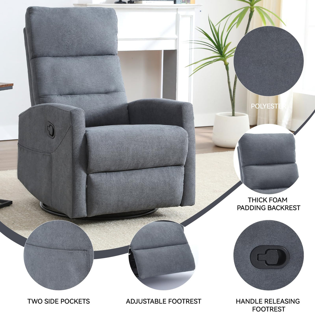 Manual Rocker Swivel Recliner Chair for Adults, 360° Swivel Rocker Recliner Chair, Adjustable Backrest & Footrest for Living Room, Nursery, Home Theater,Small Spaces, 300lb (Grey) Klwenas Maec