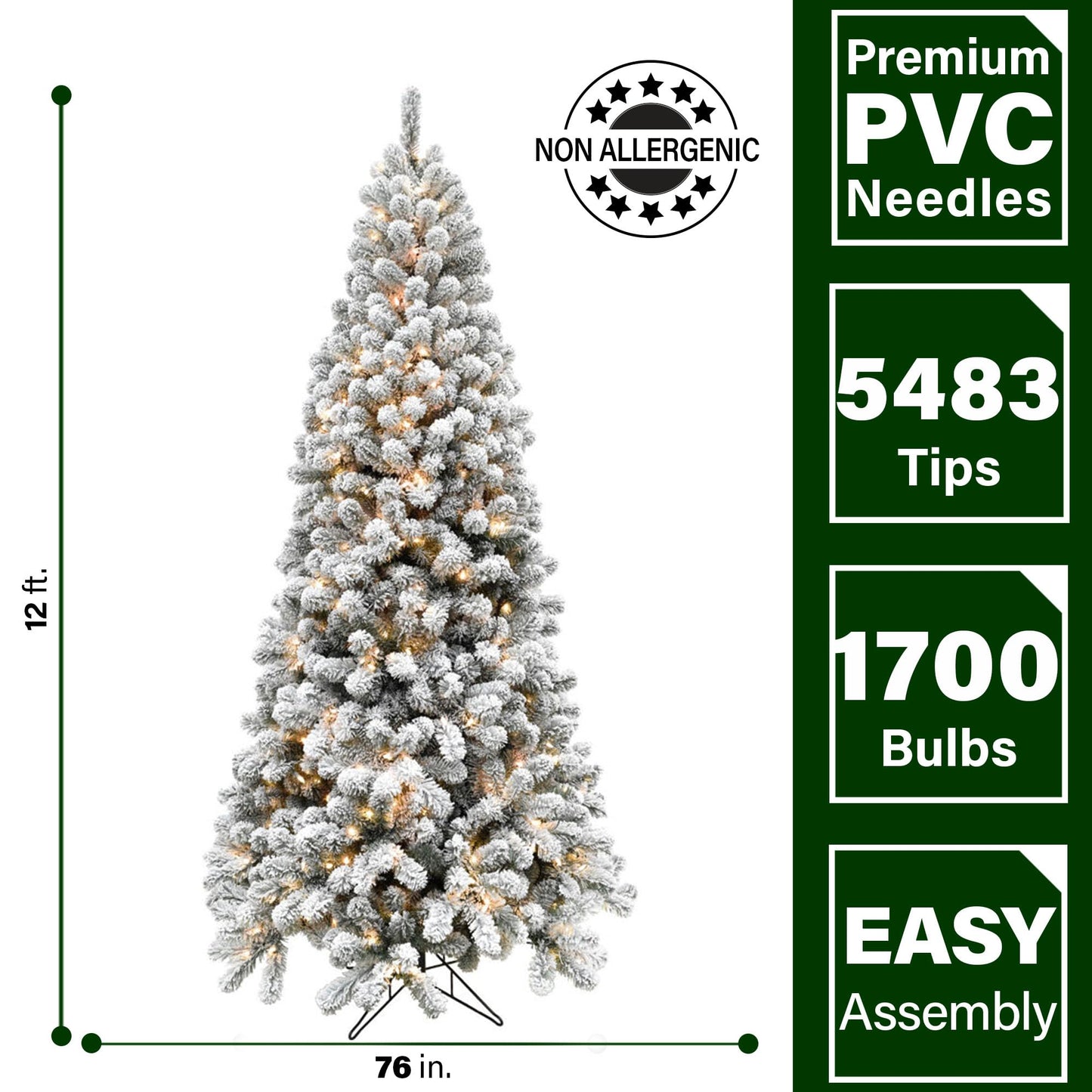 Fraser Hill Farm 12-Ft. Alaskan Pine Flocked Artificial Christmas Tree with Warm White LED Lights and Stand, Prelit Foldable Fake Tree with Realistic Snowy Foliage for Home Decoration