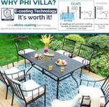 PHI VILLA 7 Piece Outdoor Dining Set with Umbrella, 60” Rectangular Metal Dining Table & 6 Cushioned Wrought Iron Chairs & 13ft Large Beige Umbrella for Patio, Deck, Yard, Porch PHI VILLA