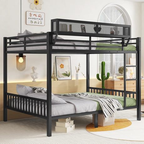 KEIKI Queen Over Queen Size Metal Bunk Bed Frame with Ladder and Built-in Storage Shelves, for Teens, Bunk Bed with Solid Slats, Guardrail, No Box Spring Required, Easy Assembly, for Bedroom, Black KEIKI