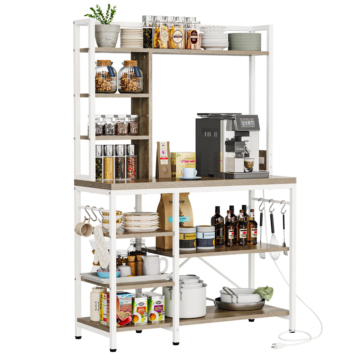 YITAHOME Microwave Stand Bakers Rack w Power Outlet, Coffee Bar Kitchen Freestanding Utility Storage Shelf for Pantry Appliance Spice Pot Pan Organizer w Thickened Counter 6 Hook 39", Oak & White YITAHOME