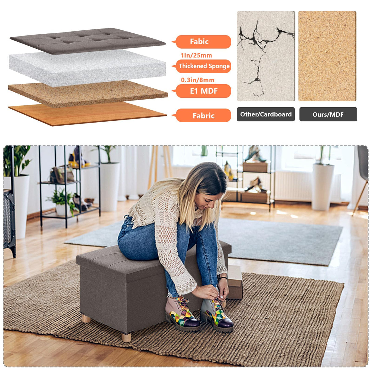 BRIAN & DANY 30” Folding Storage Ottoman Bench with Wooden Feet and Lid, Linen Fabric Bench with Resilient Sponge Padded for Bedroom, Living Room & Entryway, Foot Rest, Brown BRIAN & DANY