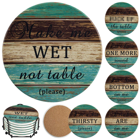 Ceramic Coasters for Drinks Absorbent, Esur Rustic Farmhouse Stone Coaster Set of 6 with Metal Holder for Wooden Table Protection, Funny Style for Bar Home Decor, Housewarming Gift esur