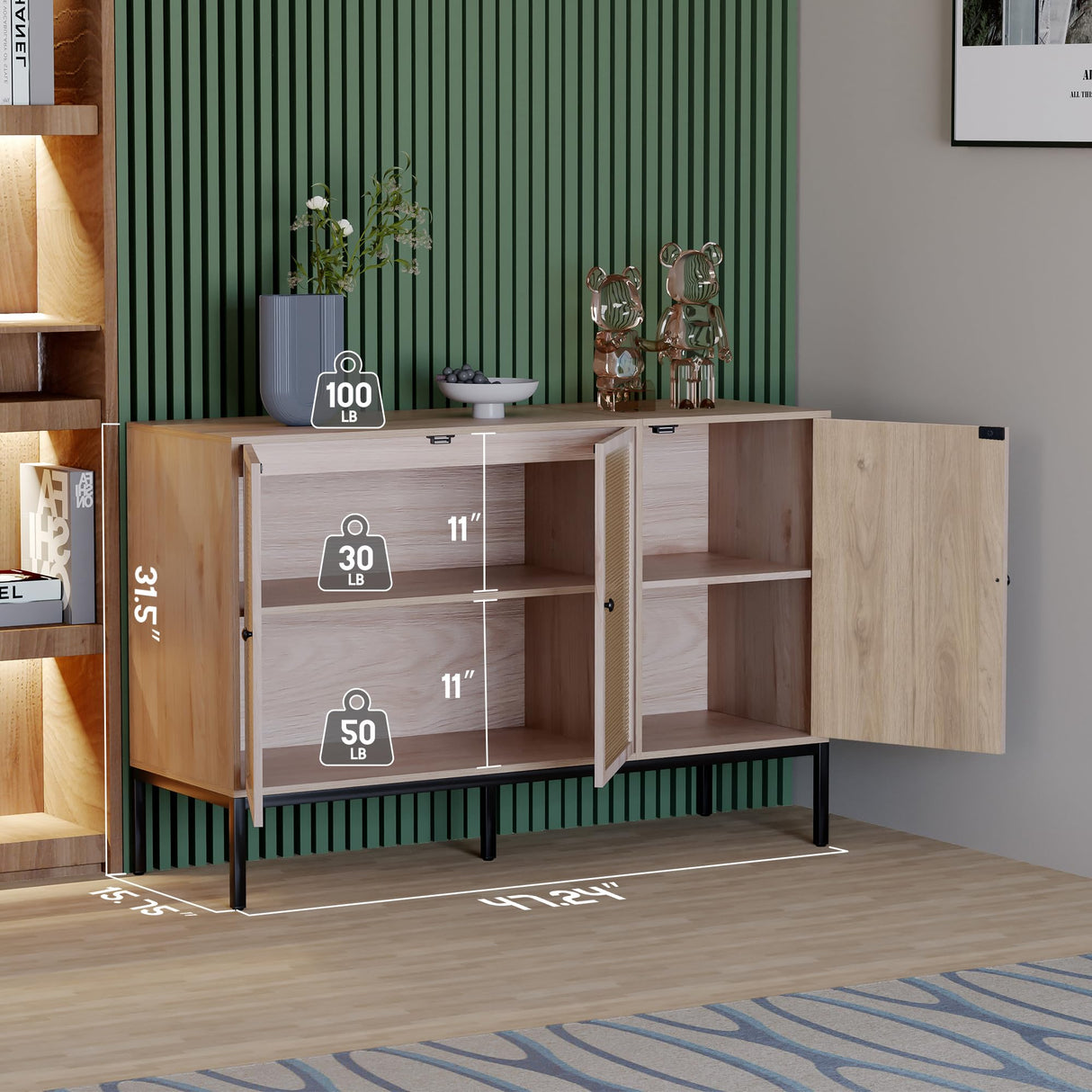 Yechen Sideboard Storage Cabinet with 3 Handmade Natural Rattan Doors, Rattan Cabinet Buffet Table Accent Credenza Console Cupboard, for Living Room Dining Room Entryway Kitchen Yechen