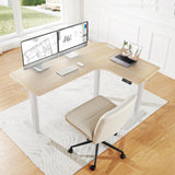 HUANUO 63″ Dual Motor L-Shaped Standing Desk, Built-in Power Outlets, Electric Height Adjustable Corner Computer Desk, Large Power Strip Holder, Sit Stand Up Desk with 3 Preset Heights, Natural Wood HUANUO