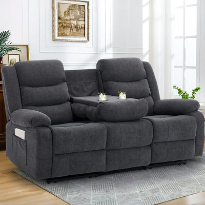 Korser Recliner Sofa, Reclining Loveseat with Console, Oversized Reclining Couch with Drop Down Table, 3-Seater Sofa with Cup Holder and Recessed Power Strip, Grey