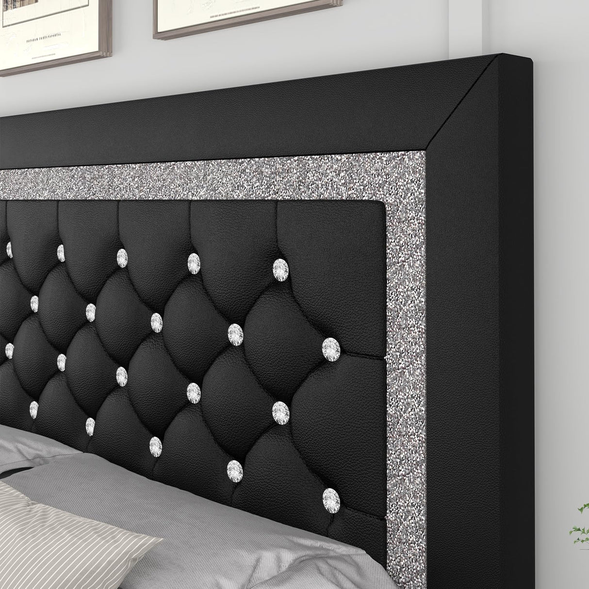 Twin Bed Frame, Faux Leather Platform Bed with Upholstered Diamond Headboard, Mattress Foundation with Strong Wooden Slats Support, No Box Spring Required, Easy Assembly, Black BarnFurin