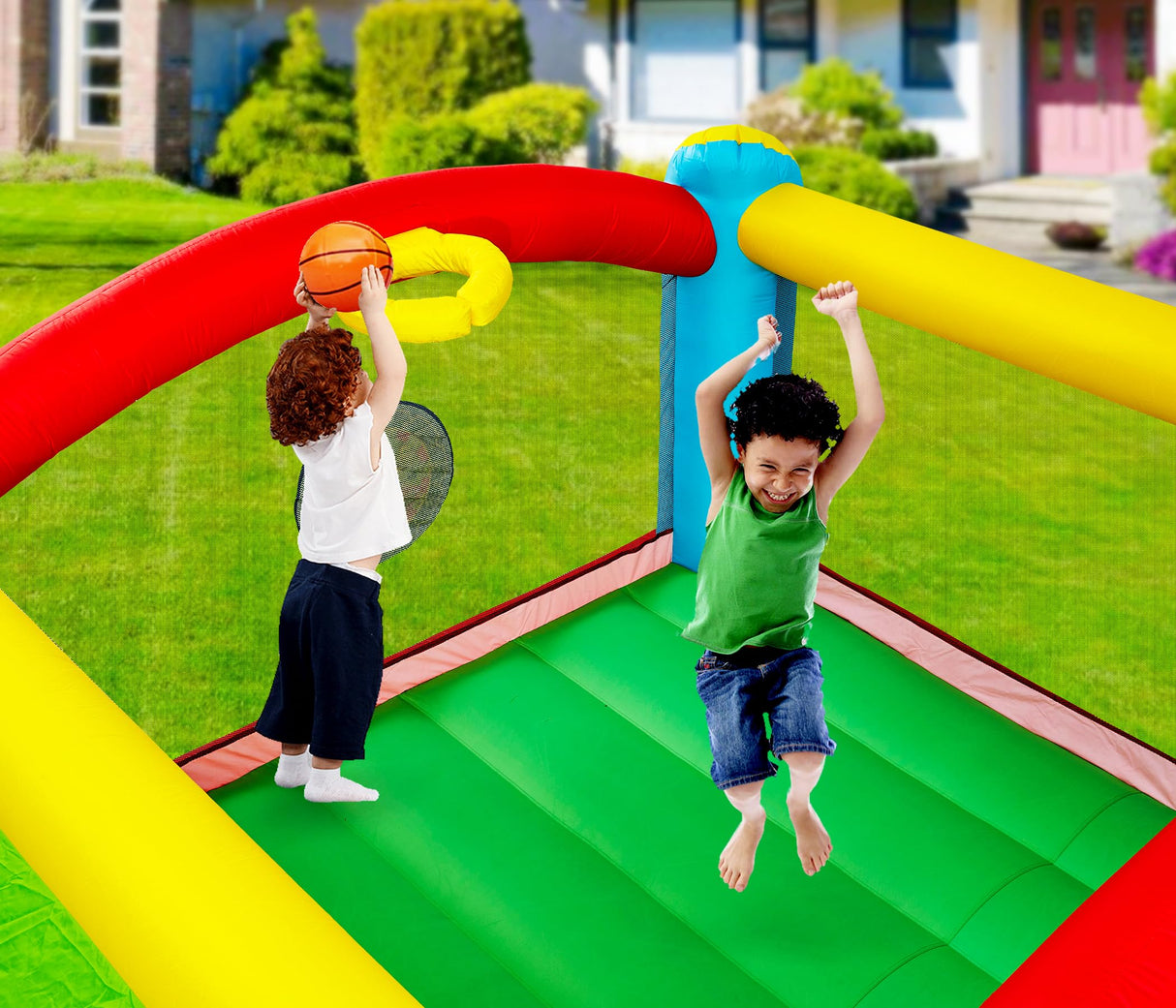 WELLFUNTIME Bounce House, Inflatable Bouncer with Air Blower, Kids Slide Jumping Castle with Slide, Ball Pit and Dart Target Game, 143x137x68 Inch WELLFUNTIME