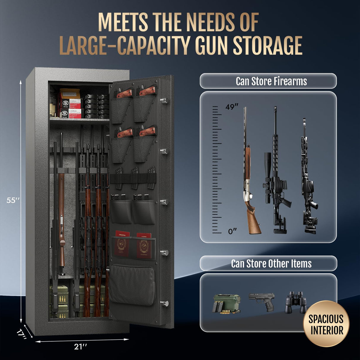 KAER Fireproof 16-20 Gun Safe Cabinet 1400°F / 45 Minutes Backlit Electronic Lock with 5 Active Bolts + 2 Deadbolts 90-180° External Hinges Interior Door Storage | Rotary Handle for Home (Grey) KAER