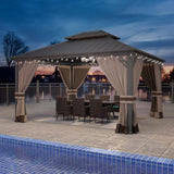 Gotland 12' x 14' Khaki Hardtop Gazebo with Curtains and Netting, Double Roof Iron Metal Pergola for Patio, Garden, Lawn Gotland