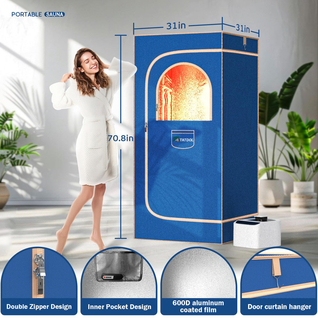 TATDOL Portable Home Steam Sauna Box, Full Size Personal Thicken 600D Sauna Tent Kit for Spa, Indoor Sauna Relaxation with 2.6L & 1000 Watt Steam Generator, Remote Control, Chair, Mat, Foot Rest TATDOL