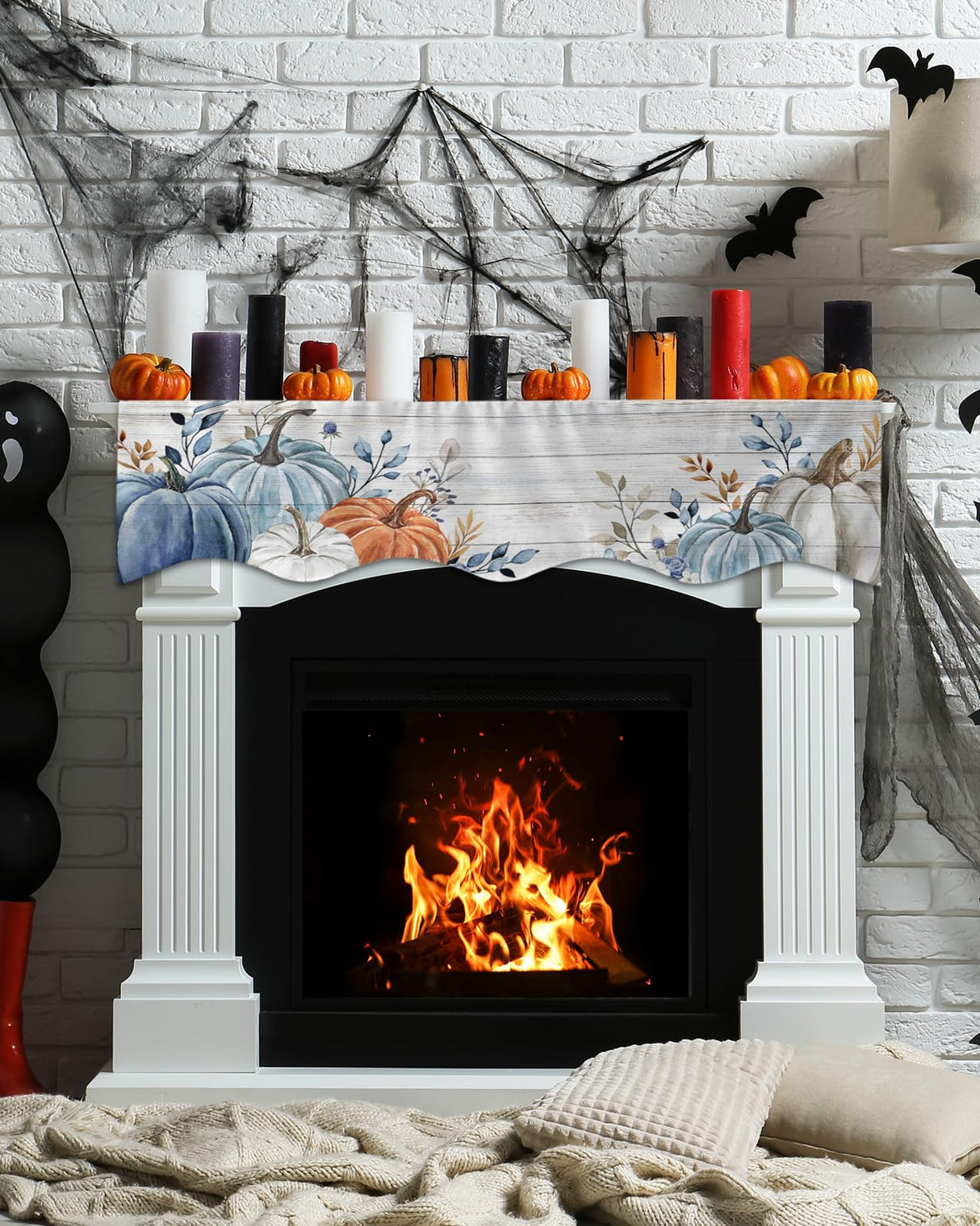 EwdeWwo Fall Mantel Scarf for Fireplace, Blue Leaf Pumpkin Wood Grain Texture Fireplace Cover Decorations Indoor Thanksgiving Mantel Top Scarf Runner for Seasonal Autumn Holiday Party, 17 x 60 Inch EwdeWwo