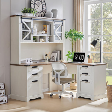 RedLemon 60" Farmhouse L Shaped Desk with Hutch, Wood Home Office Executive Desk with Drawer, Charging Station, File Drawer, Storage Cabinet, Rustic Writing Computer Desk (Antique White) RedLemon