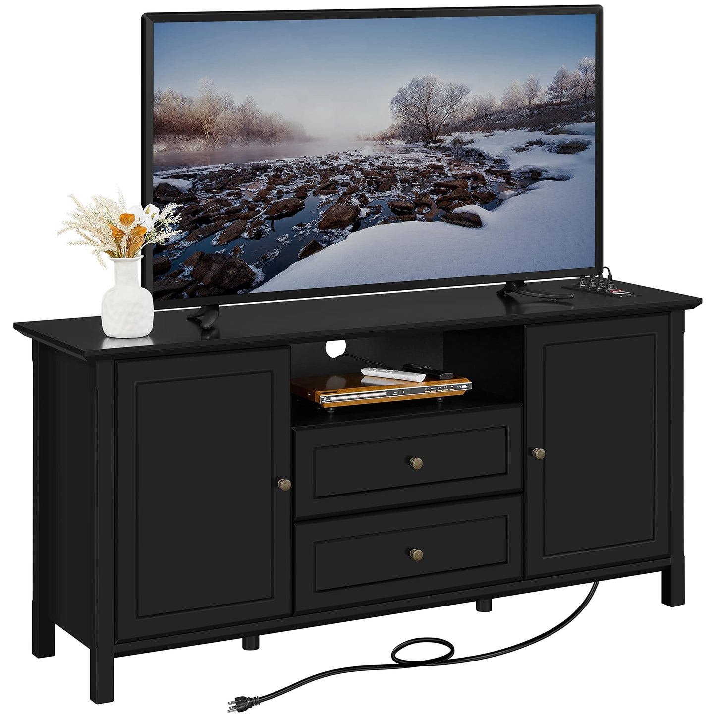 Yaheetech Black TV Stand with Drawers for TVs up to 65 Inch, Media Entertainment Center with Power Outlet & Storage Space, Modern Elegant TV Console for Bedroom & Living Room