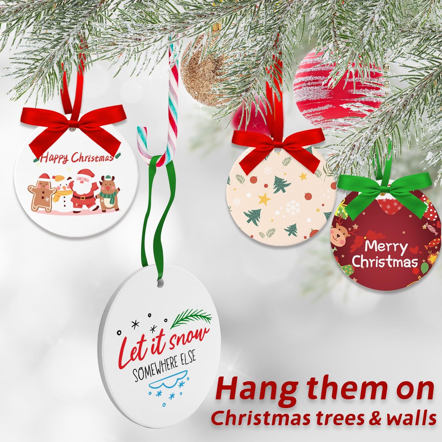 12PCS Sublimation Ceramic Ornaments - Sublimation Ornament Blanks Bulk with Christmas Ribbons - Ceramic Discs Ornament for Heat Press - Double-Sided Printing - Xmas Tree Decorate Crafts Gift