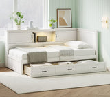 Merax Full Size Corner Bed Frames with Storage Drawers, USB Port, Led Downlight Headboard & Bookcase, Wooden L-Shaped Captain Daybed for Small Room, Bedroom, Guest Room, kids'Room, White Merax