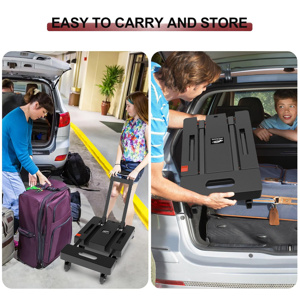 SOLEJAZZ Folding Hand Truck Portable Dolly for Moving, 500LB Luggage Cart Dolly with 6 Wheels & 2 Bungee Cords for Travel, Moving, Shopping Use, Black SOLEJAZZ