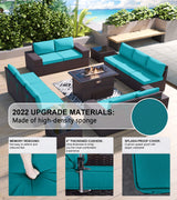 Kullavik 13 Pieces Outdoor Patio Furniture Set with 43" 55000BTU Gas Propane Fire Pit Table PE Wicker Rattan Sectional Sofa Patio Conversation Sets,Blue Kullavik