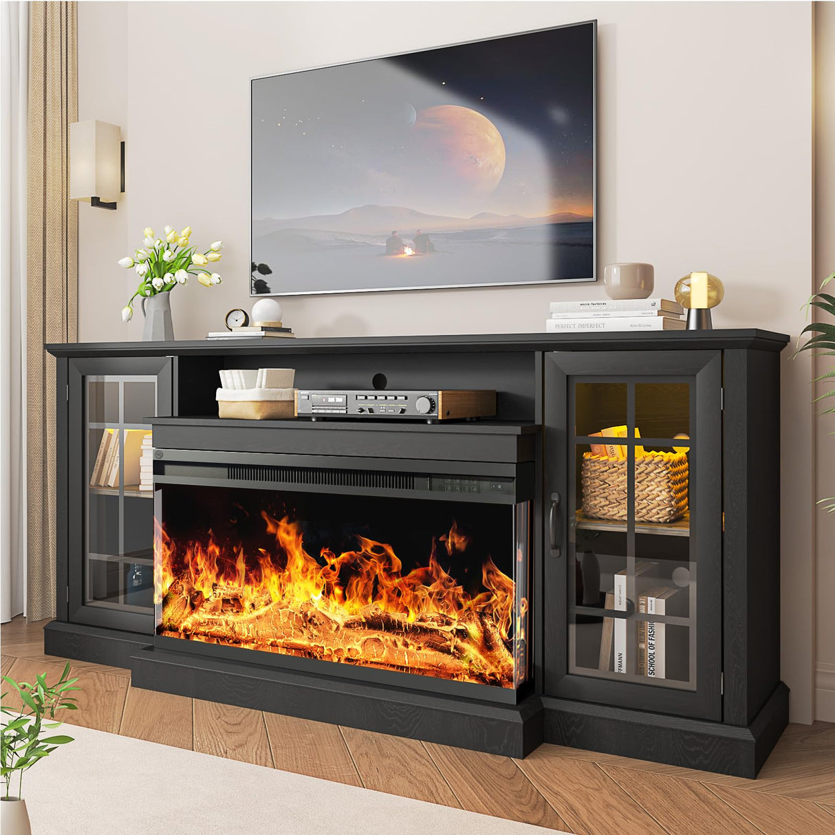 oneinmil 36 Inch 3-Sided Glass Fireplace TV Stand for TVs up to 80", Rustic Media Entertainment Center Console Table with Glass Door Closed Storage, Set of TV Table, Black oneinmil