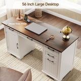 56" Farmhouse Executive Desk with File Drawer, Large Modern Computer Desk with Charging Station, Wood Home Office Desks with Storage, Adjustable Shelf, for Study Work Writing Living Room (White) ONBRILL