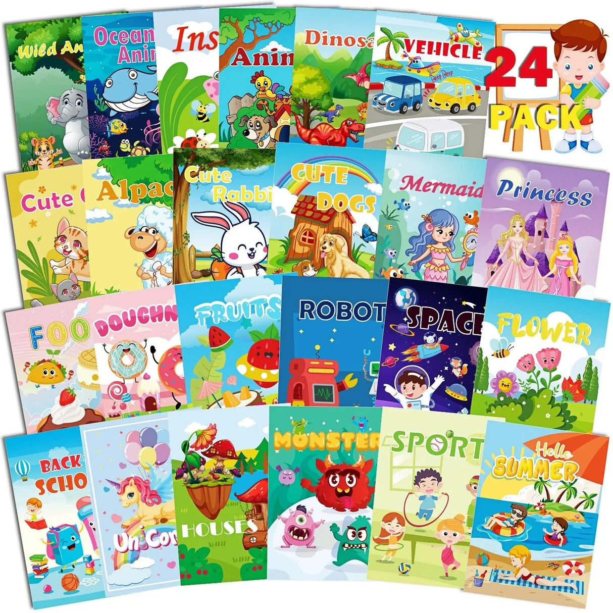 Aannanl 24 Mini Coloring Books Suitable for Kids Ages 2-4 and 4-8,Small Party Gifts,Bulk Birthday Gifts,Gift Bag fillers,School Classroom Activities Include Dinosaurs,Pets,Mermaids,Animal,Princess Aannanl