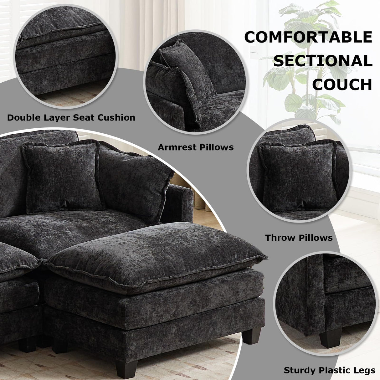 SoarFlash 71.6" Chenille Sectional Sofa, Comfy Modular Loveseat Sofa, Modern 2-Seat Couch Deep Seat Sofa Set for Living Room,Black SoarFlash