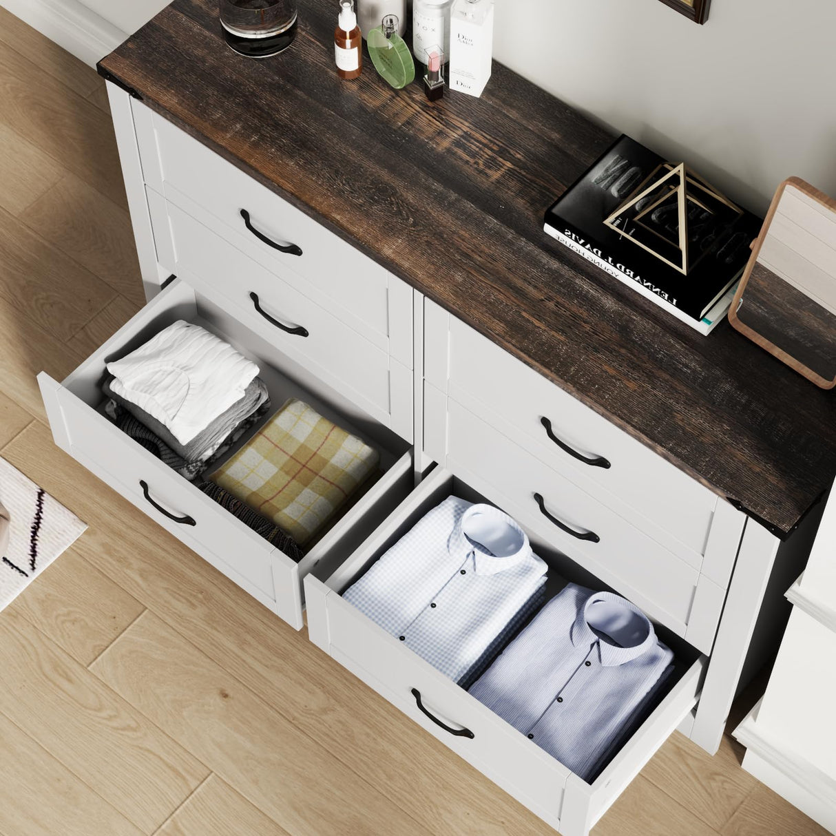 Loomie Farmhouse 6 Drawers Double Dresser for Bedroom, Modern White Dresser Chest of Drawers, Wide Dressers Organizer, Accent Storage Cabinet for Closet, Living Room, Hallway, Antique White Loomie