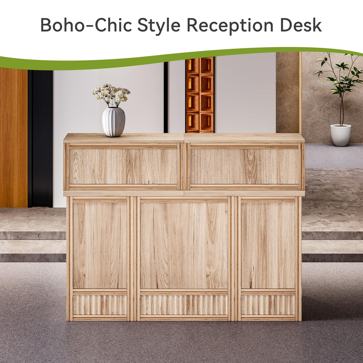 LITTLE TREE 57-Inch Reception Counter, Boho Style Front Desk, Modern Checkout Counter, Reception Desk for Retail, Lobby, Salon, Office, Oak LITTLE TREE