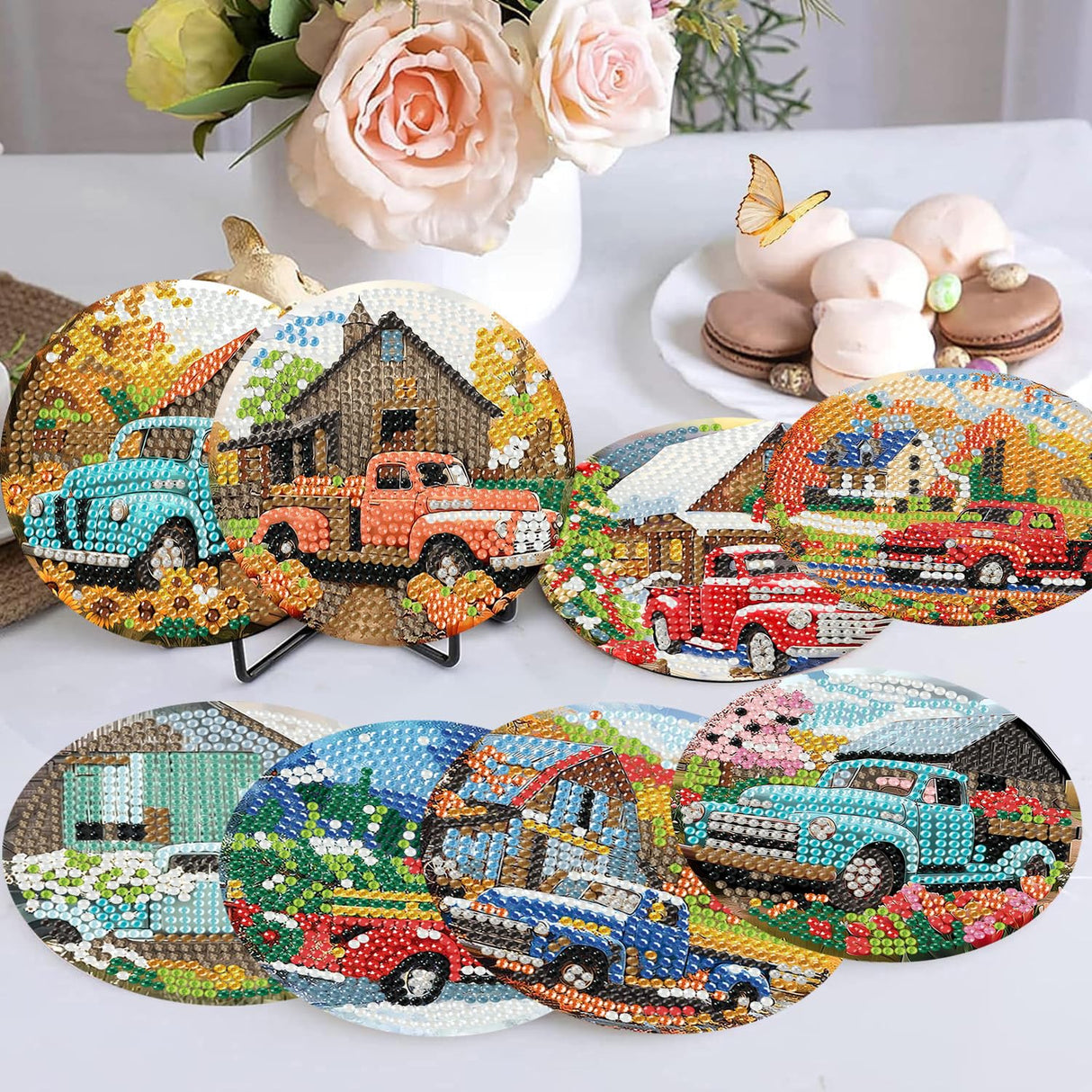 Ekuxom 8 PCS Truck Diamond Art Coasters Kits-5D Diamond Painting Coasters Kits with Holder-Cork Pads DIY Car Diamond Art for Adults Beginners Home Decor Crafts Gifts Ekuxom