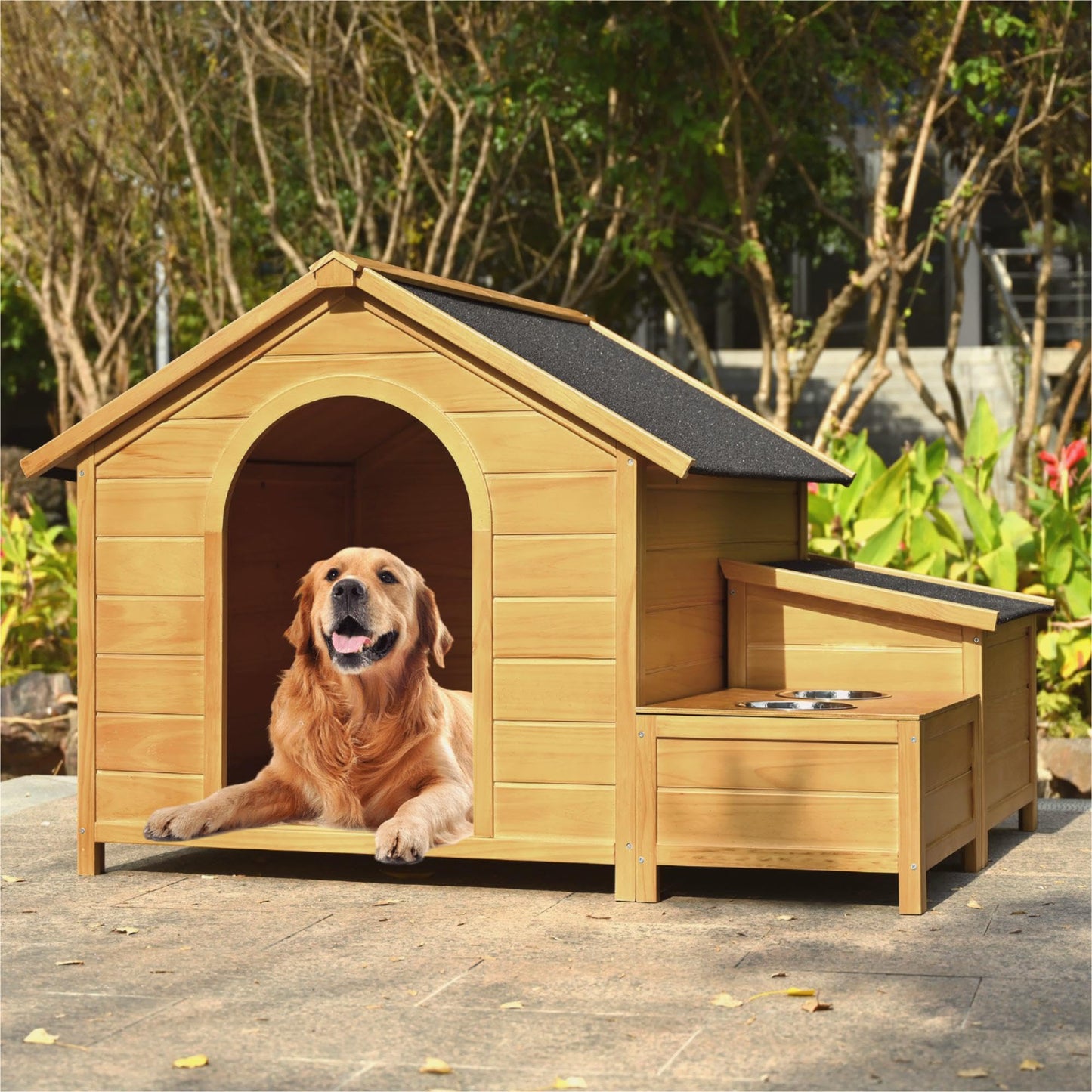 Large Dog House Outdoor, Wood Dog House with Feeding Bowls and Storage Box, Waterproof Roof Doghouse Suitable for Medium Large Dogs - 51.18" L x 43.7" W x 37" H - WoodArtSupply