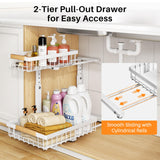 PXRACK 2 Pack Under Sink Organizer,Adjustable Height,2 Tier Pull Out Under Cabinet Organizer,Slide Out Thickened Metal Under Sink Storage for Kitchen Bathroom Laundry Cabinet Pantry,White PXRACK