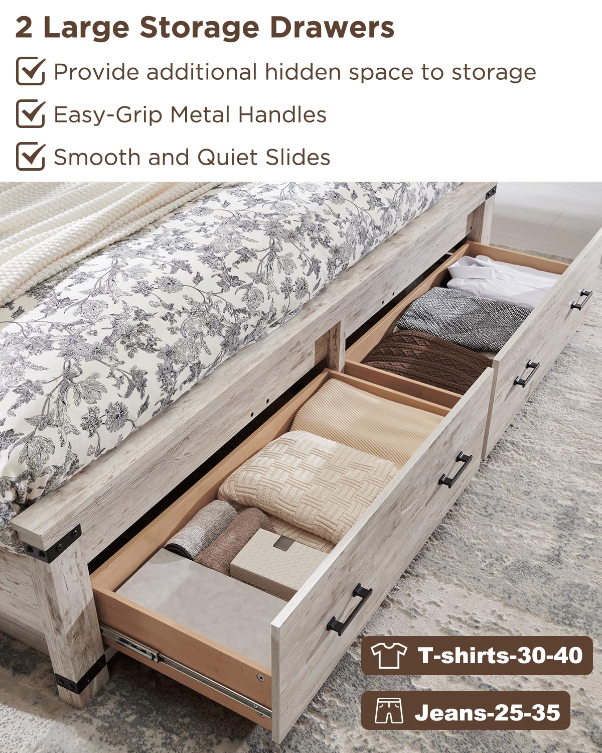 T4TREAM Farmhouse King Size Bed Frame with 54" Tall Geometric Headboard & 2 Large Storage Drawers, Rustic Wood Platform Bed with Wood Slats Support, No Box Spring Needed, Antique Brushed White T4TREAM