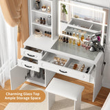 VOWNER Vanity with Lighted Mirror - Makeup Vanity Desk with Glass Top, Power Strip, Drawers and Shelves, 3 Color Lighting Modes Adjustable Brightness, Vanity Table with Cushioned Stool, 45'' L VOWNER