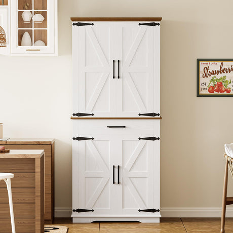 IRONCK Farmhouse Kitchen Pantry Cabinet, Tall Storage Cabinet with 6 Hanging Shelves and Adjustable Shelves, Freestanding Cupboard with Barn Doors for Kitchen, Dining Room， White/Walnut IRONCK