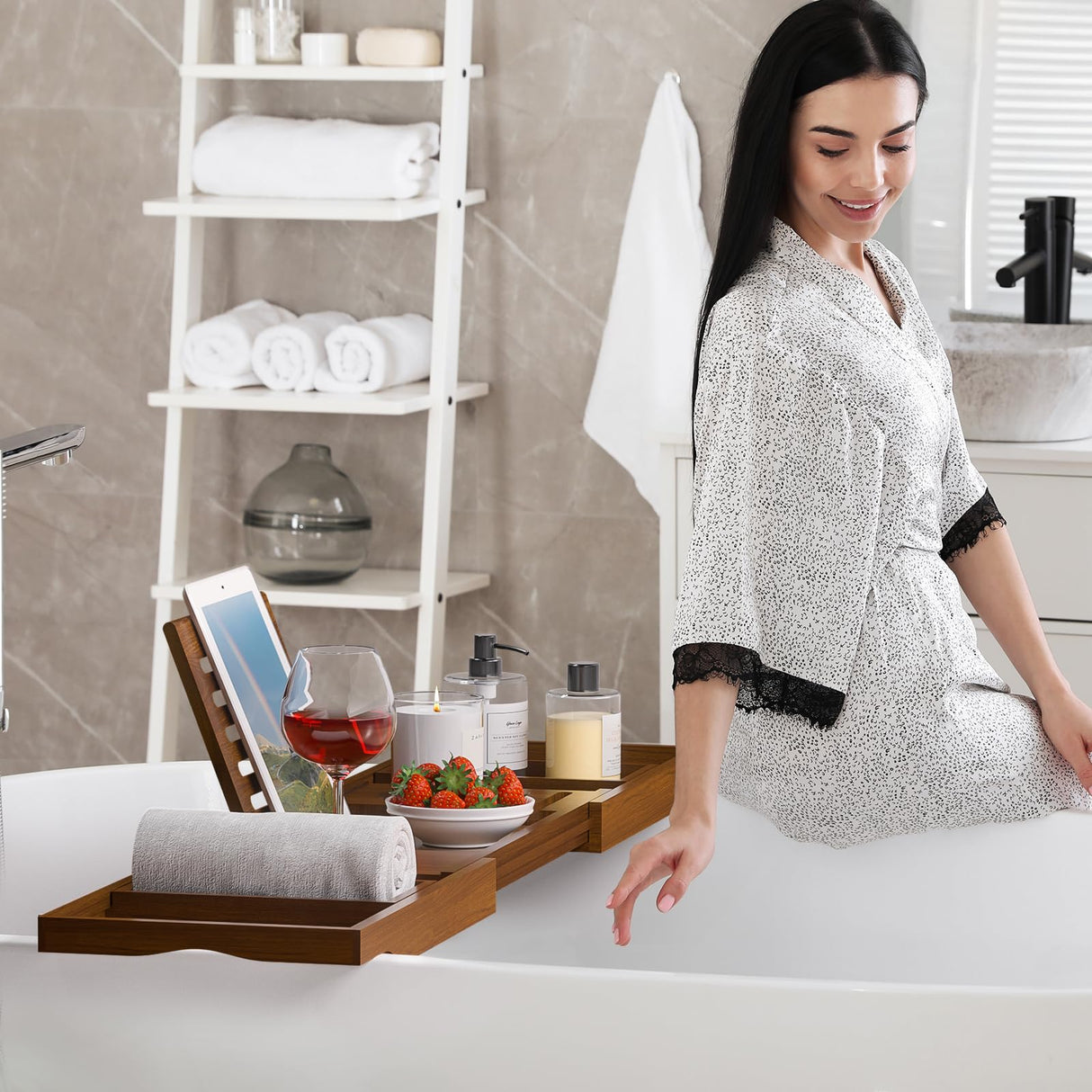 Kiasthome Teak Bathtub Tray, Bath Tray for Tub Bathroom Table Tray Expandable Wood Tub Tray for Bathtub, as Unique Housewarming, Holiday, Birthday Gifts Kiasthome